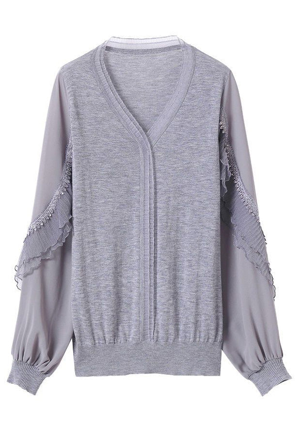 Fine Knit Ruffled Shirt Tulle Spring Grey Patchwork FashionChic