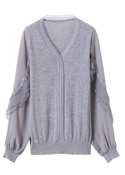 Fine Knit Ruffled Shirt Tulle Spring Grey Patchwork FashionChic