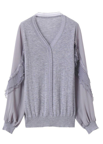 Fine Knit Ruffled Shirt Tulle Spring Grey Patchwork FashionChic