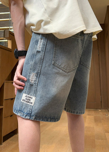 Fine Light Blue Hole Lace Up Elastic Waist Denim Mens Shorts Summer YL027 ABC
