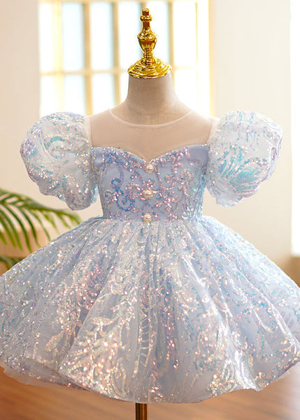 Fine Light Blue O-Neck Sequins Tulle Girls Party Long Dress Summer YS035 ABC