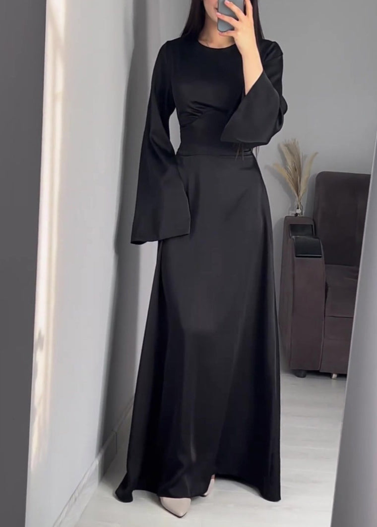 Fine Navy O Neck Lace Up Slim Fit Silk Long Dress Fall WO057 OM-ZS241108