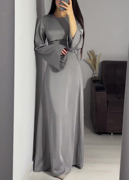 Fine Navy O Neck Lace Up Slim Fit Silk Long Dress Fall WO057 OM-ZS241108