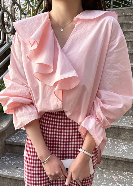Pink Ruffles Cotton Fine Asymmetrical Tops Shirt Fall FashionChic