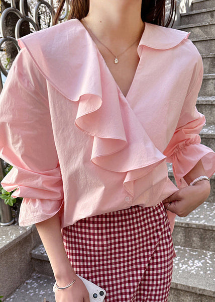 Pink Ruffles Cotton Fine Asymmetrical Tops Shirt Fall FashionChic