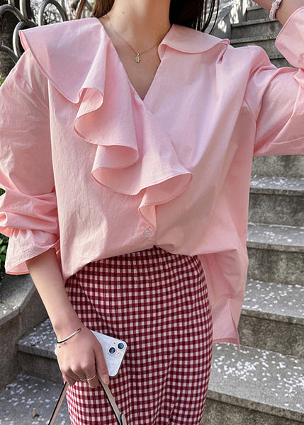 Pink Ruffles Cotton Fine Asymmetrical Tops Shirt Fall FashionChic