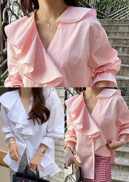 Pink Ruffles Cotton Fine Asymmetrical Tops Shirt Fall FashionChic