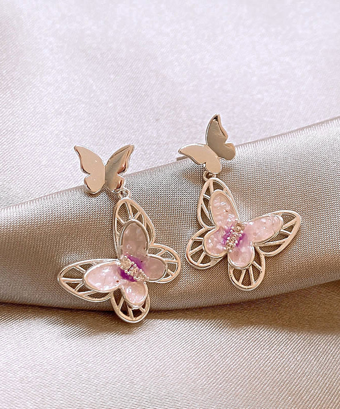Glaze Pink Drop Butterfly Earrings Copper Hollow Fine Out FashionChic