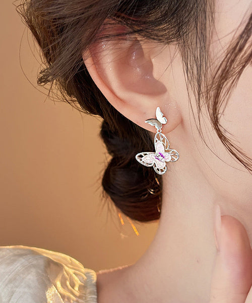 Glaze Pink Drop Butterfly Earrings Copper Hollow Fine Out FashionChic