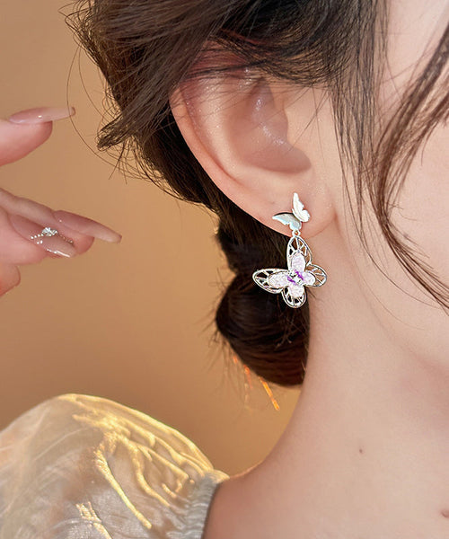 Glaze Pink Drop Butterfly Earrings Copper Hollow Fine Out FashionChic