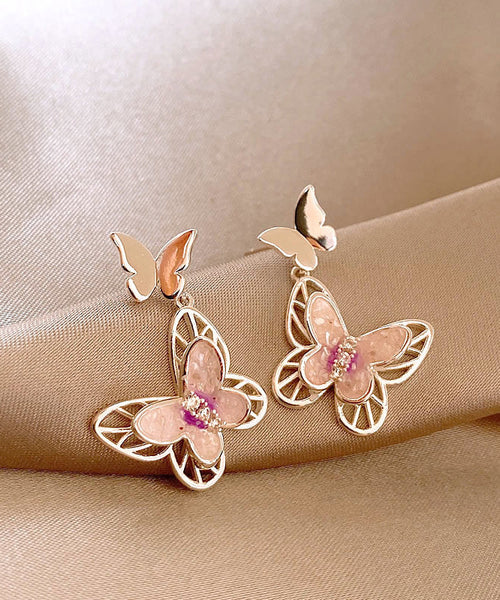 Glaze Pink Drop Butterfly Earrings Copper Hollow Fine Out FashionChic