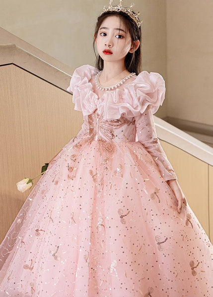 Fine Pink Embroideried Patchwork Tulle Kids Maxi Dress Fall RP037 ABC