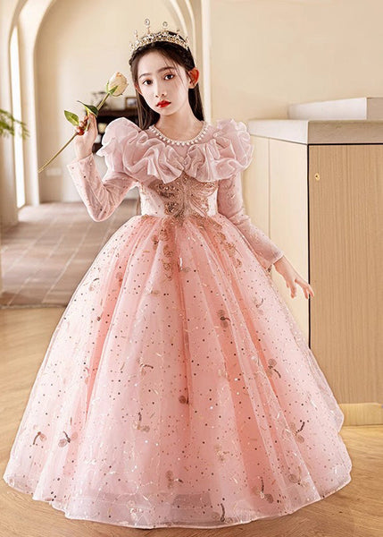 Fine Pink Embroideried Patchwork Tulle Kids Maxi Dress Fall RP037 ABC