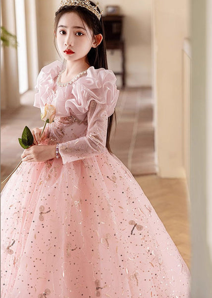 Fine Pink Embroideried Patchwork Tulle Kids Maxi Dress Fall RP037 ABC
