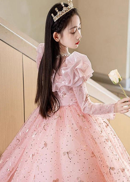 Fine Pink Embroideried Patchwork Tulle Kids Maxi Dress Fall RP037 ABC