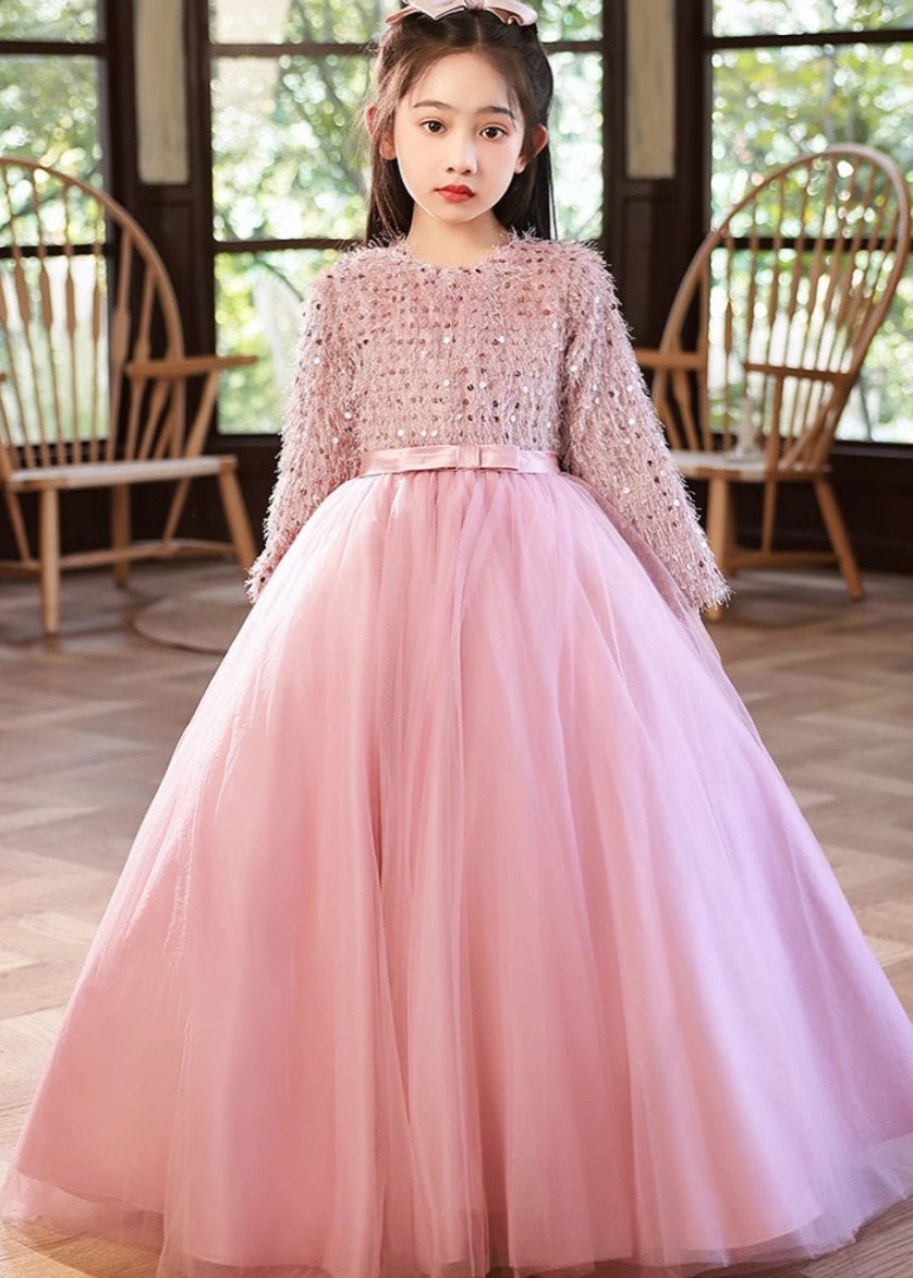 Fine Pink O-Neck Patchwork Tulle Girls Maxi Dress Winter RP044 ABC