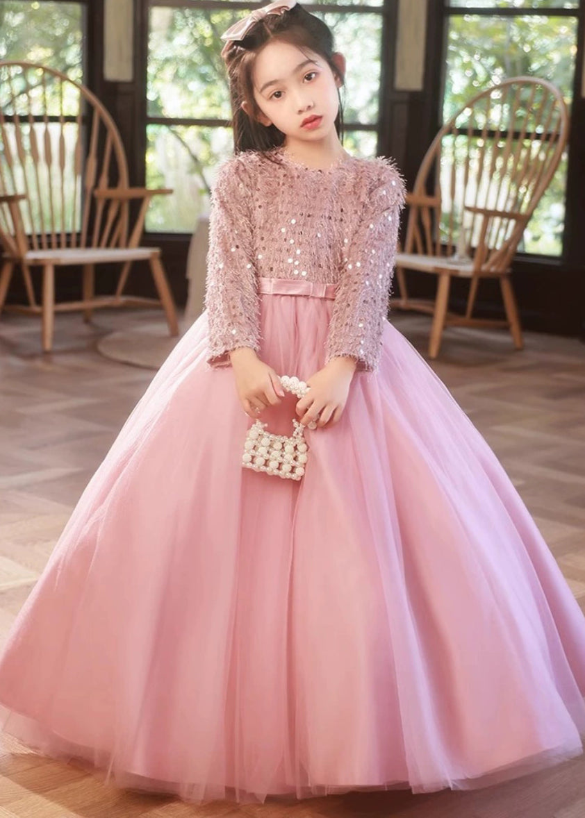 Fine Pink O-Neck Patchwork Tulle Girls Maxi Dress Winter RP044 ABC