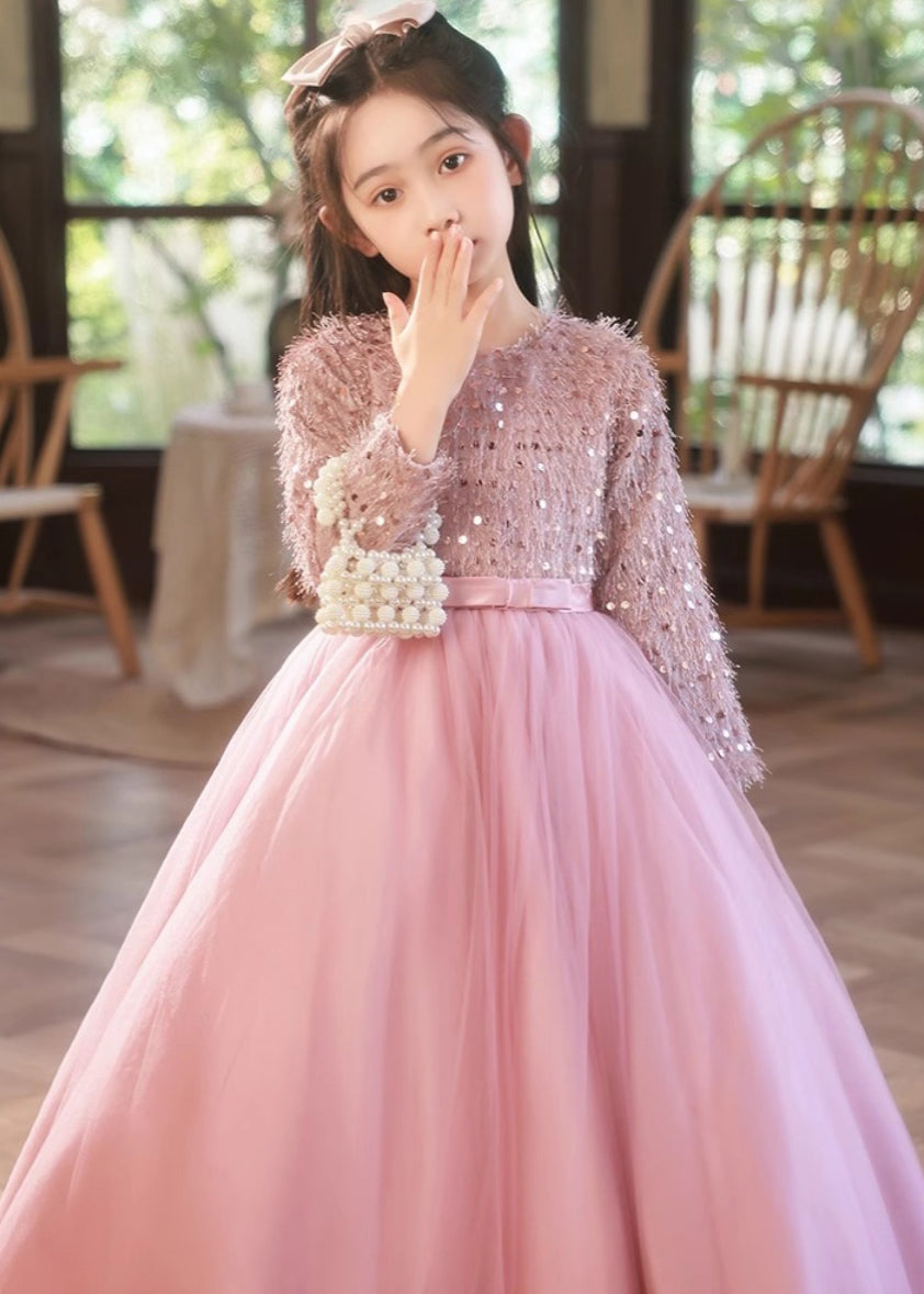 Fine Pink O-Neck Patchwork Tulle Girls Maxi Dress Winter RP044 ABC