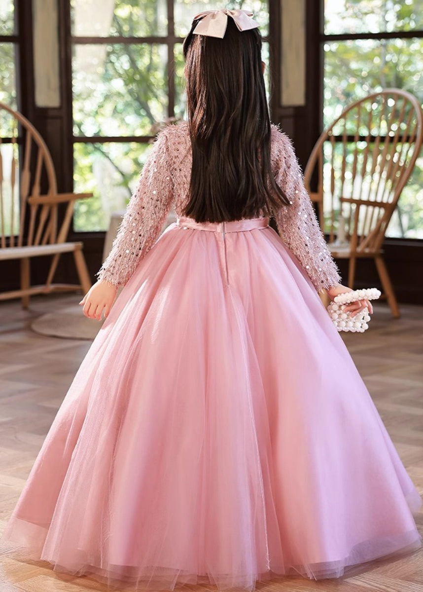 Fine Pink O-Neck Patchwork Tulle Girls Maxi Dress Winter RP044 ABC