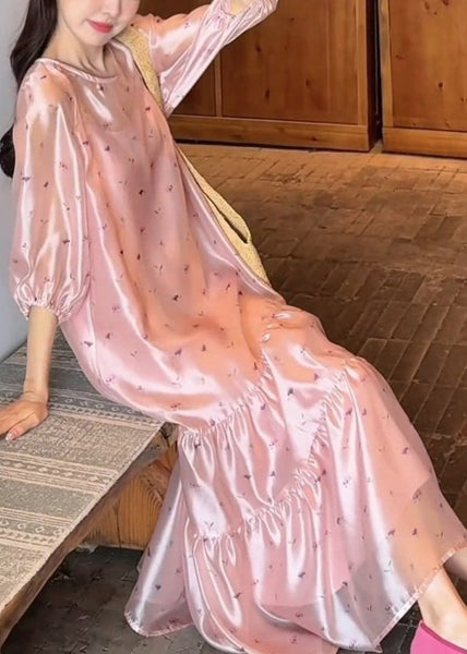 O-Neck Dress Fine Sleeve Print Pink Long Bracelet Silk FashionChic