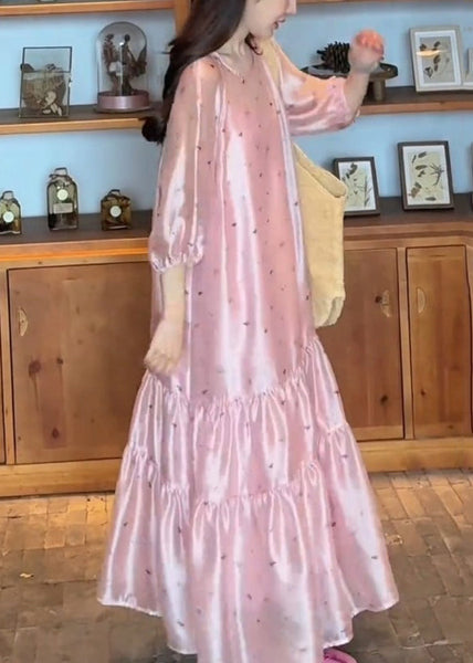 O-Neck Dress Fine Sleeve Print Pink Long Bracelet Silk FashionChic