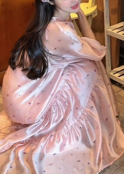 O-Neck Dress Fine Sleeve Print Pink Long Bracelet Silk FashionChic