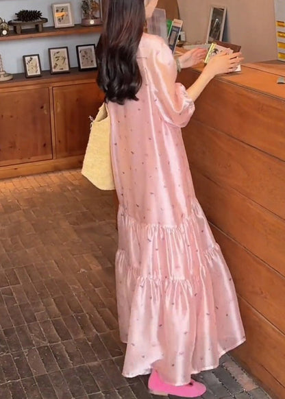 O-Neck Dress Fine Sleeve Print Pink Long Bracelet Silk FashionChic