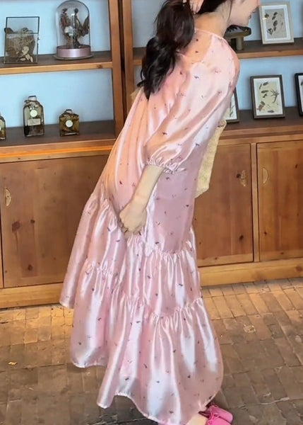 O-Neck Dress Fine Sleeve Print Pink Long Bracelet Silk FashionChic