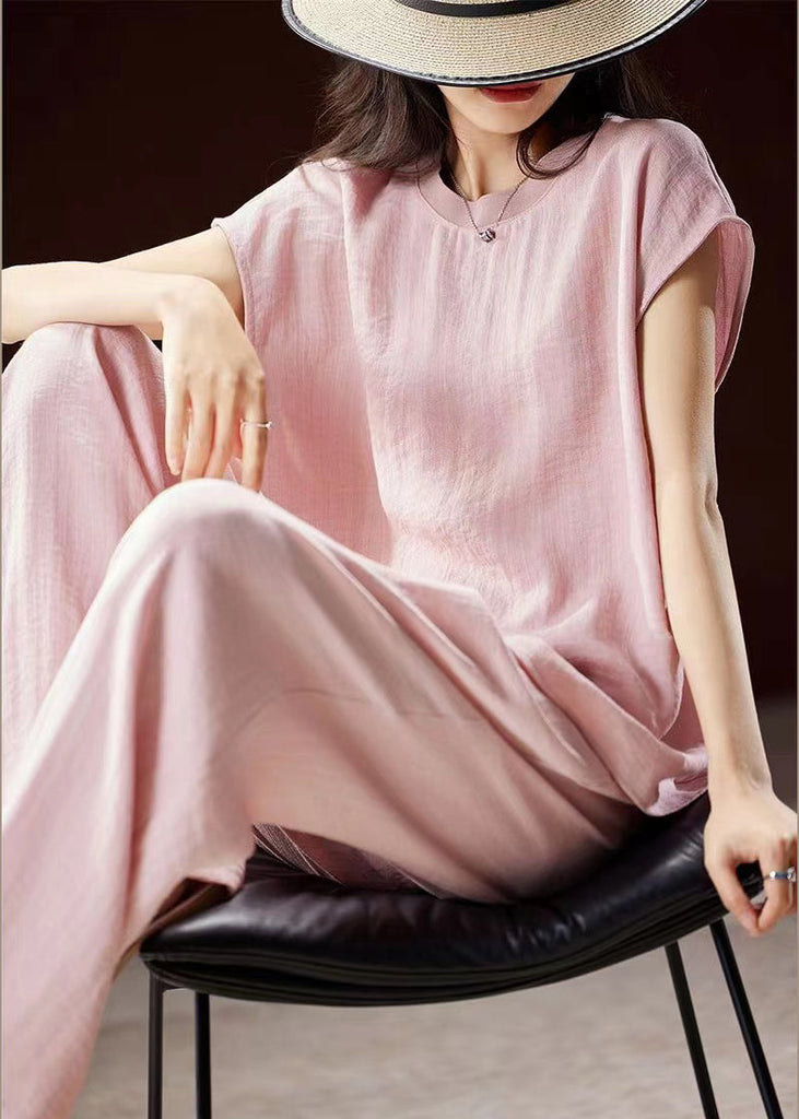 Fine Pink O-Neck Top And Wide Leg Pants Silk Linen Two Pieces Set Summer WW028 OL-TPIEC240812