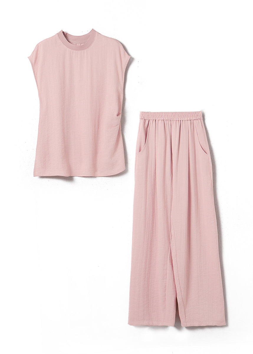 Fine Pink O-Neck Top And Wide Leg Pants Silk Linen Two Pieces Set Summer WW028 OL-TPIEC240812