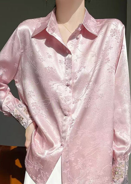 Embroidered Pan Silk Fine Pink Peter Collar Blouse FashionChic