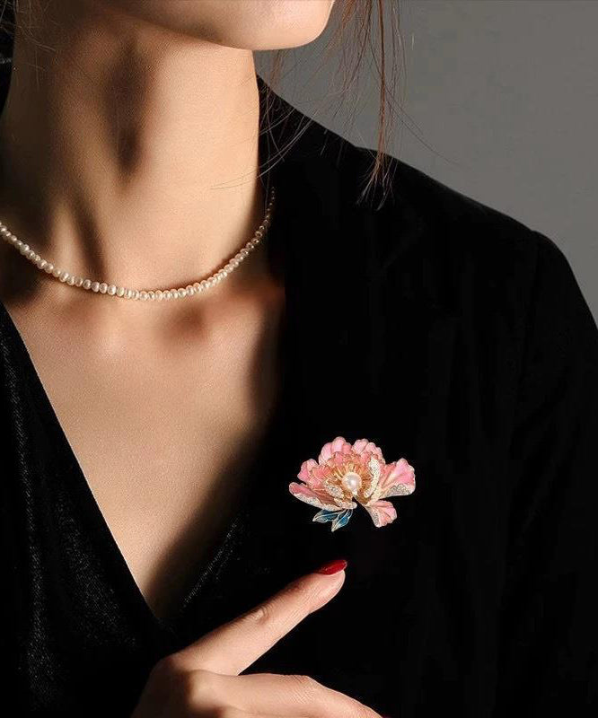 Fine Pink Sterling Silver Alloy Zircon Pearl Peony Flower Brooches WP006 JEW-BRO241112