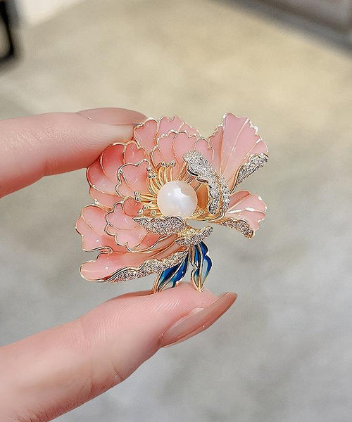 Fine Pink Sterling Silver Alloy Zircon Pearl Peony Flower Brooches WP006 JEW-BRO241112