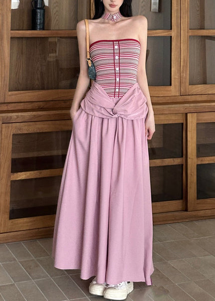 Two Patchwork Summer Dress Fake Long Striped Pink Fine Pieces FashionChic