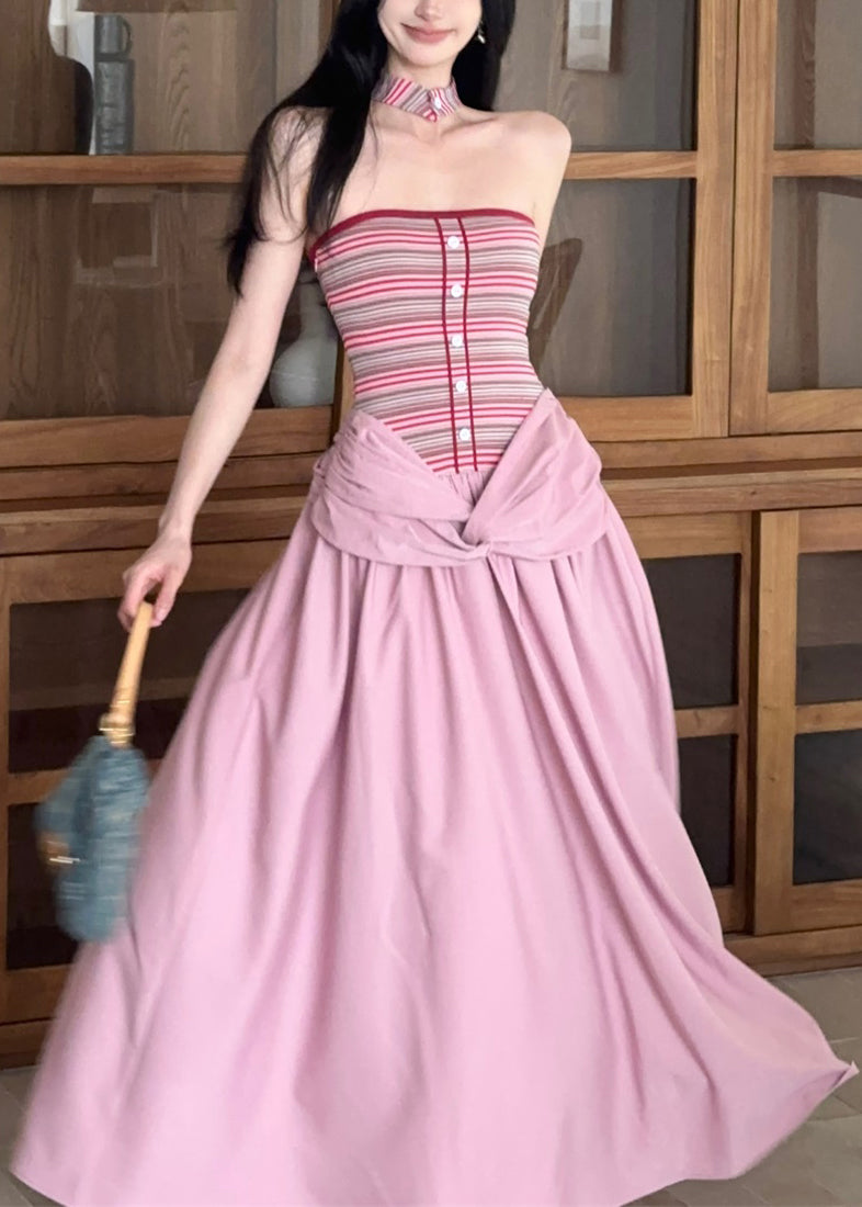 Two Patchwork Summer Dress Fake Long Striped Pink Fine Pieces FashionChic