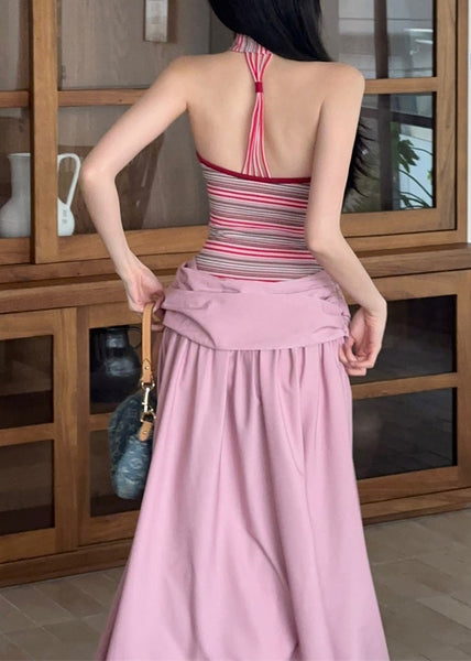 Two Patchwork Summer Dress Fake Long Striped Pink Fine Pieces FashionChic