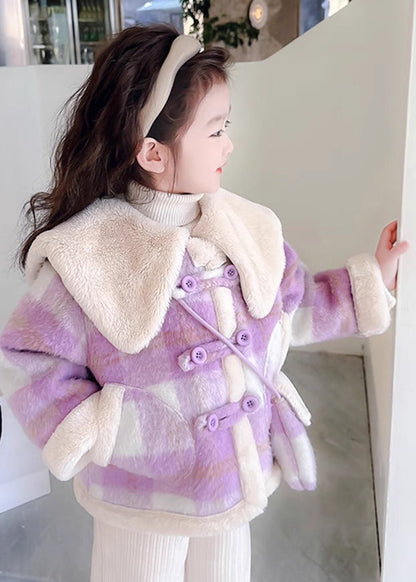 Fine Purple Peter Pan Collar Pockets Plaid Kids Fuzzy Fur Coats Winter WL034 MM-RCTZ-CGTS241120