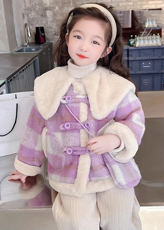 Fine Purple Peter Pan Collar Pockets Plaid Kids Fuzzy Fur Coats Winter WL034 MM-RCTZ-CGTS241120