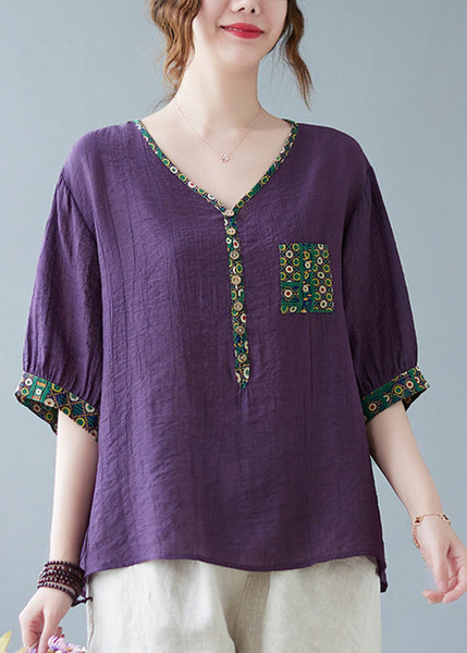 Print Half Sleeve Patchwork Fine Purple Top FashionChic