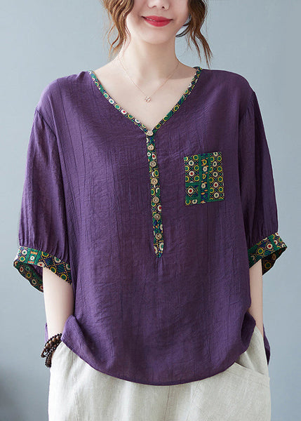 Print Half Sleeve Patchwork Fine Purple Top FashionChic