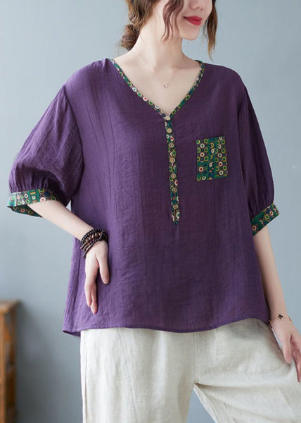 Print Half Sleeve Patchwork Fine Purple Top FashionChic