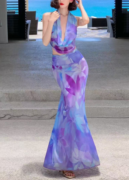 Two-Piece Maxi Set Purple Print Tulle Fine Skirts And Top FashionChic