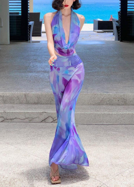 Two-Piece Maxi Set Purple Print Tulle Fine Skirts And Top FashionChic