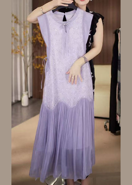 Up Chiffon Patchwork Sequins Lace Long Dress Fine Purple FashionChic