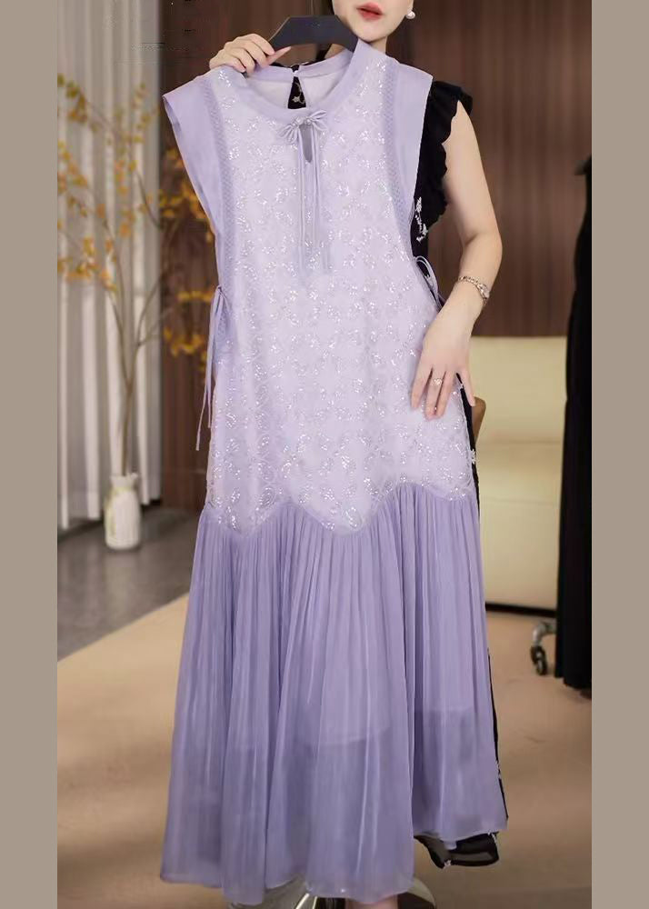 Up Chiffon Patchwork Sequins Lace Long Dress Fine Purple FashionChic