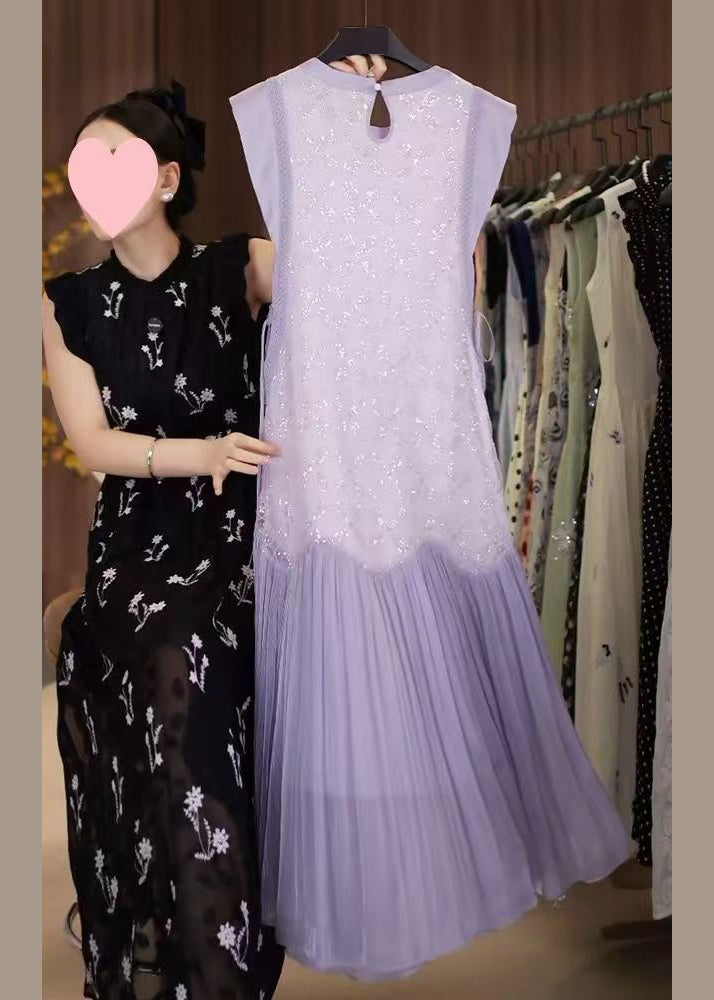 Up Chiffon Patchwork Sequins Lace Long Dress Fine Purple FashionChic