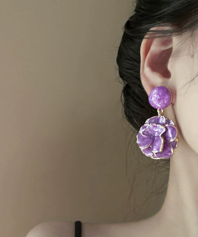 Fine Purple Sterling Silver Alloy Floral Drop Glaze Stud Earrings YA036 ABC