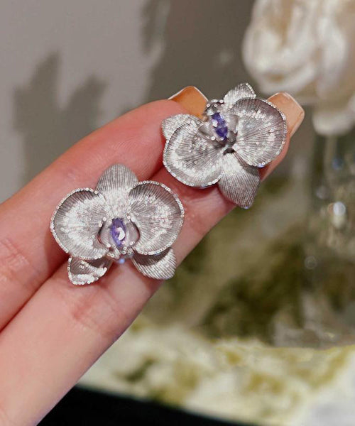 Fine Purple Sterling Silver Crystal Butterfly Orchid Stud Earrings AC1062 Genistyle Shop