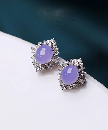 Fine Purple Sterling Silver Inlaid Zircon Jade Stud Earrings AC1050 Genistyle Shop