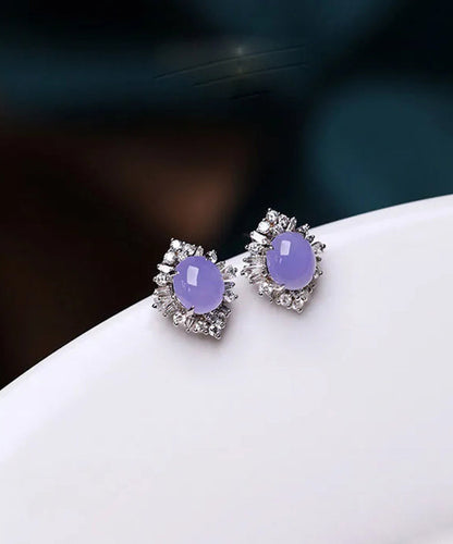 Fine Purple Sterling Silver Inlaid Zircon Jade Stud Earrings AC1050 Genistyle Shop